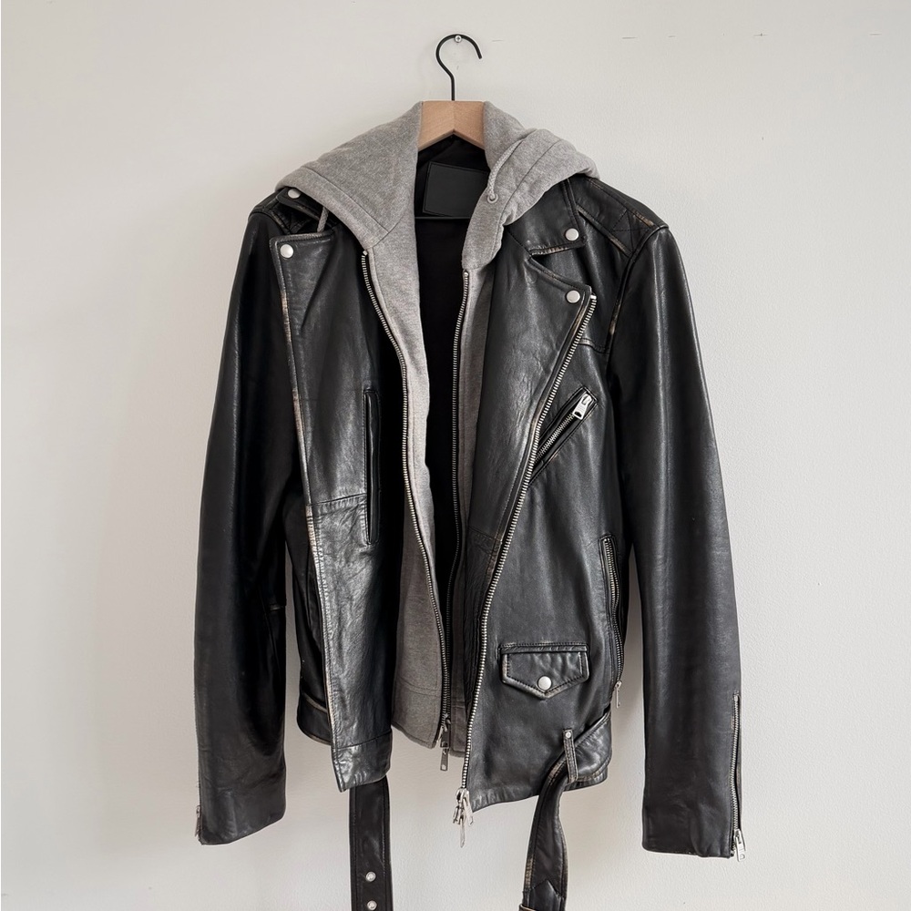 All Saints Black Leather Jacket with Gray Hoodie